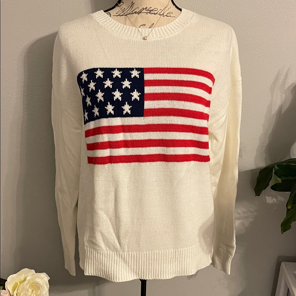 Cream American Flag Knit Sweater Patriotic Pullover Medium